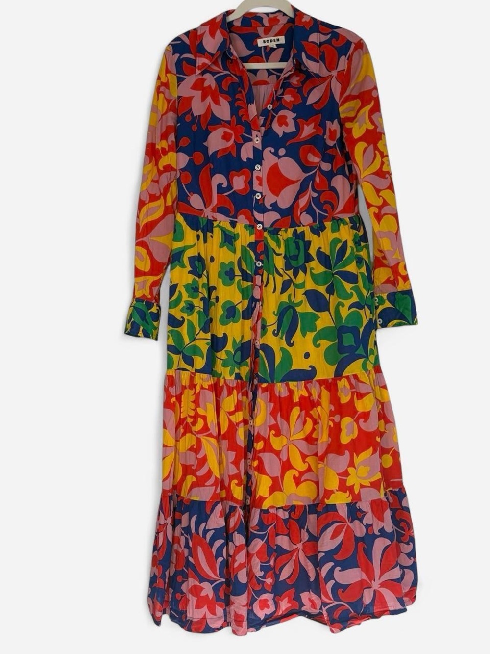Boden Patchwork Floral Tiered Maxi Dress 12R | 100% Cotton Boho Dopamine